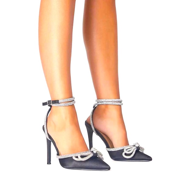 Billini Shoes - Billini Elope Black Satin Micro Crystal Double Bow high heels- US 7 W